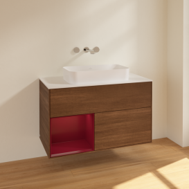 Тумба под раковину Villeroy & Boch Finion 100х50,1 см с подсветкой МДФ шпон грецкого ореха/стекло белое матовое F651HBGN