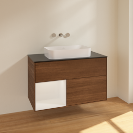 Тумба под раковину Villeroy & Boch Finion 100х50,1 см с подсветкой МДФ шпон грецкого ореха/стекло черное матовое F652GFGN