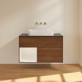 Тумба под раковину Villeroy & Boch Finion 100х50,1 см с подсветкой МДФ шпон грецкого ореха/стекло черное матовое F652GFGN