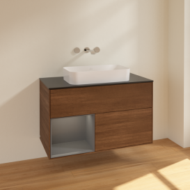 Тумба под раковину Villeroy & Boch Finion 100х50,1 см с подсветкой МДФ шпон грецкого ореха/стекло черное матовое F652GKGN