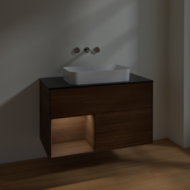 Тумба под раковину Villeroy & Boch Finion 100х50,1 см с подсветкой МДФ шпон грецкого ореха/стекло черное матовое F652GNGN