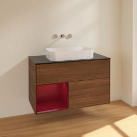 Тумба под раковину Villeroy & Boch Finion 100х50,1 см с подсветкой МДФ шпон грецкого ореха/стекло черное матовое F652HBGN