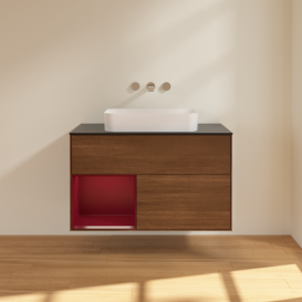 Тумба под раковину Villeroy & Boch Finion 100х50,1 см с подсветкой МДФ шпон грецкого ореха/стекло черное матовое F652HBGN