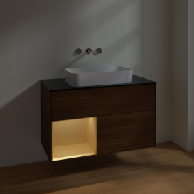 Тумба под раковину Villeroy & Boch Finion 100х50,1 см с подсветкой МДФ шпон грецкого ореха/стекло черное матовое F652HFGN