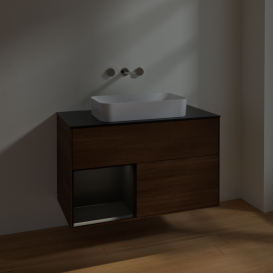 Тумба под раковину Villeroy & Boch Finion 100х50,1 см с подсветкой МДФ шпон грецкого ореха/стекло черное матовое F652PDGN