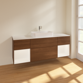 Тумба под раковину Villeroy & Boch Finion 160х50,1 см с подсветкой МДФ шпон грецкого ореха/стекло белое матовое F331MTGN