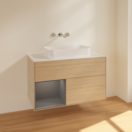 Тумба под раковину Villeroy & Boch Finion 100х50,1 см с подсветкой МДФ шпон дуба/стекло белое матовое F651GKPC