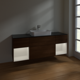 Тумба под раковину Villeroy & Boch Finion 160х50,1 см с подсветкой МДФ шпон грецкого ореха/стекло черное матовое F332GFGN