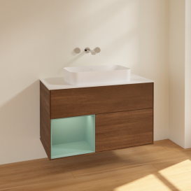 Тумба под раковину Villeroy & Boch Finion 100х50,1 см с подсветкой МДФ шпон грецкого ореха/стекло белое матовое F651GMGN