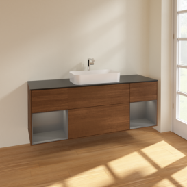 Тумба под раковину Villeroy & Boch Finion 160х50,1 см с подсветкой МДФ шпон грецкого ореха/стекло черное матовое F332GKGN