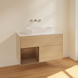 Тумба под раковину Villeroy & Boch Finion 100х50,1 см с подсветкой МДФ шпон дуба/стекло белое матовое F651GNPC