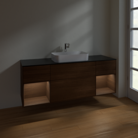 Тумба под раковину Villeroy & Boch Finion 160х50,1 см с подсветкой МДФ шпон грецкого ореха/стекло черное матовое F332GNGN