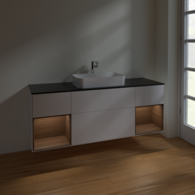 Тумба под раковину Villeroy & Boch Finion 160х50,1 см с подсветкой МДФ белый матовый лак/стекло черное матовое F332GNMT