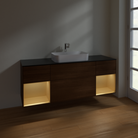 Тумба под раковину Villeroy & Boch Finion 160х50,1 см с подсветкой МДФ шпон грецкого ореха/стекло черное матовое F332HFGN