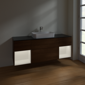 Тумба под раковину Villeroy & Boch Finion 160х50,1 см с подсветкой МДФ шпон грецкого ореха/стекло черное матовое F332MTGN