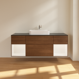 Тумба под раковину Villeroy & Boch Finion 160х50,1 см с подсветкой МДФ шпон грецкого ореха/стекло черное матовое F332MTGN