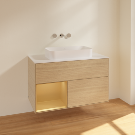 Тумба под раковину Villeroy & Boch Finion 100х50,1 см с подсветкой МДФ шпон дуба/стекло белое матовое F651HFPC