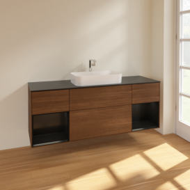 Тумба под раковину Villeroy & Boch Finion 160х50,1 см с подсветкой МДФ шпон грецкого ореха/стекло черное матовое F332PDGN