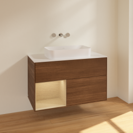 Тумба под раковину Villeroy & Boch Finion 100х50,1 см с подсветкой МДФ шпон грецкого ореха/стекло белое матовое F651PCGN