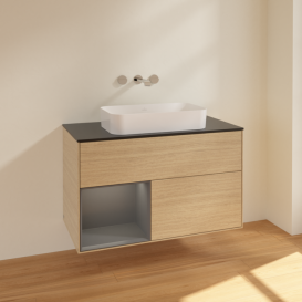 Тумба под раковину Villeroy & Boch Finion 100х50,1 см с подсветкой МДФ шпон дуба/стекло черное матовое F652GKPC