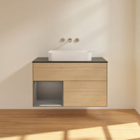 Тумба под раковину Villeroy & Boch Finion 100х50,1 см с подсветкой МДФ шпон дуба/стекло черное матовое F652GKPC