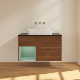 Тумба под раковину Villeroy & Boch Finion 100х50,1 см с подсветкой МДФ шпон грецкого ореха/стекло черное матовое F652GMGN