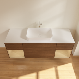 Тумба под раковину Villeroy & Boch Finion 160х50,1 см с подсветкой МДФ шпон грецкого ореха/стекло белое матовое F331PCGN