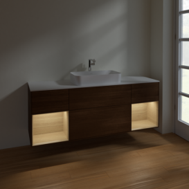 Тумба под раковину Villeroy & Boch Finion 160х50,1 см с подсветкой МДФ шпон грецкого ореха/стекло белое матовое F331PCGN