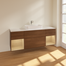 Тумба под раковину Villeroy & Boch Finion 160х50,1 см с подсветкой МДФ шпон грецкого ореха/стекло белое матовое F331PCGN