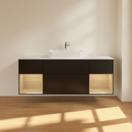 Тумба под раковину Villeroy & Boch Finion 160х50,1 см с подсветкой МДФ черный матовый лак/стекло белое матовое F331PCPD