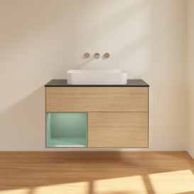 Тумба под раковину Villeroy & Boch Finion 100х50,1 см с подсветкой МДФ шпон дуба/стекло черное матовое F652GMPC