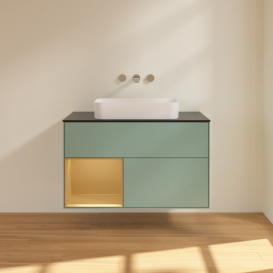 Тумба под раковину Villeroy & Boch Finion 100х50,1 см с подсветкой МДФ оливковый матовый лак/стекло черное матовое F652HFGM