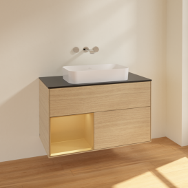 Тумба под раковину Villeroy & Boch Finion 100х50,1 см с подсветкой МДФ шпон дуба/стекло черное матовое F652HFPC