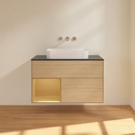 Тумба под раковину Villeroy & Boch Finion 100х50,1 см с подсветкой МДФ шпон дуба/стекло черное матовое F652HFPC