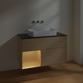 Тумба под раковину Villeroy & Boch Finion 100х50,1 см с подсветкой МДФ шпон дуба/стекло черное матовое F652HFPC