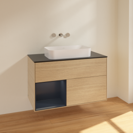 Тумба под раковину Villeroy & Boch Finion 100х50,1 см с подсветкой МДФ шпон дуба/стекло черное матовое F652HGPC