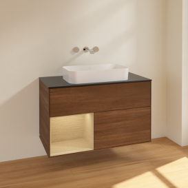 Тумба под раковину Villeroy & Boch Finion 100х50,1 см с подсветкой МДФ шпон грецкого ореха/стекло черное матовое F652PCGN
