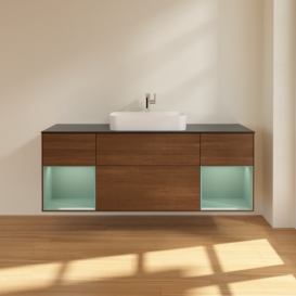 Тумба под раковину Villeroy & Boch Finion 160х50,1 см с подсветкой МДФ шпон грецкого ореха/стекло черное матовое F332GMGN