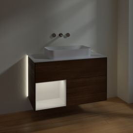 Тумба под раковину Villeroy & Boch Finion 100х50,1 см с подсветкой МДФ шпон грецкого ореха/стекло белое матовое G651GFGN