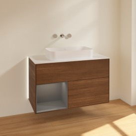 Тумба под раковину Villeroy & Boch Finion 100х50,1 см с подсветкой МДФ шпон грецкого ореха/стекло белое матовое G651GKGN