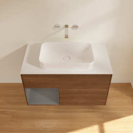 Тумба под раковину Villeroy & Boch Finion 100х50,1 см с подсветкой МДФ шпон грецкого ореха/стекло белое матовое G651GKGN