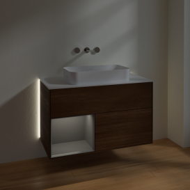 Тумба под раковину Villeroy & Boch Finion 100х50,1 см с подсветкой МДФ шпон грецкого ореха/стекло белое матовое G651GKGN