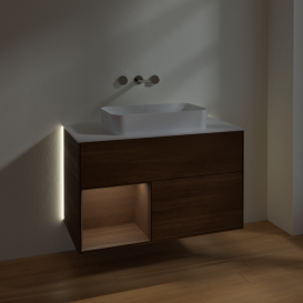 Тумба под раковину Villeroy & Boch Finion 100х50,1 см с подсветкой МДФ шпон грецкого ореха/стекло белое матовое G651GNGN