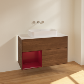 Тумба под раковину Villeroy & Boch Finion 100х50,1 см с подсветкой МДФ шпон грецкого ореха/стекло белое матовое G651HBGN