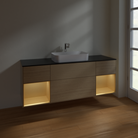 Тумба под раковину Villeroy & Boch Finion 160х50,1 см с подсветкой МДФ шпон дуба/стекло черное матовое F332HFPC