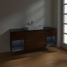 Тумба під раковину Villeroy & Boch Finion 160х50,1 см із підсвічуванням МДФ шпон волоського горіха/скло чорне матове F332HGGN