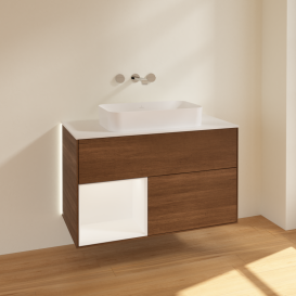 Тумба под раковину Villeroy & Boch Finion 100х50,1 см с подсветкой МДФ шпон грецкого ореха/стекло белое матовое G651MTGN