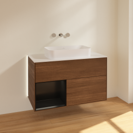 Тумба под раковину Villeroy & Boch Finion 100х50,1 см с подсветкой МДФ шпон грецкого ореха/стекло белое матовое G651PDGN