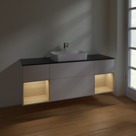 Тумба под раковину Villeroy & Boch Finion 160х50,1 см с подсветкой МДФ глянцевый белый лак/стекло черное матовое F332PCGF