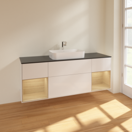 Тумба под раковину Villeroy & Boch Finion 160х50,1 см с подсветкой МДФ глянцевый белый лак/стекло черное матовое F332PCGF